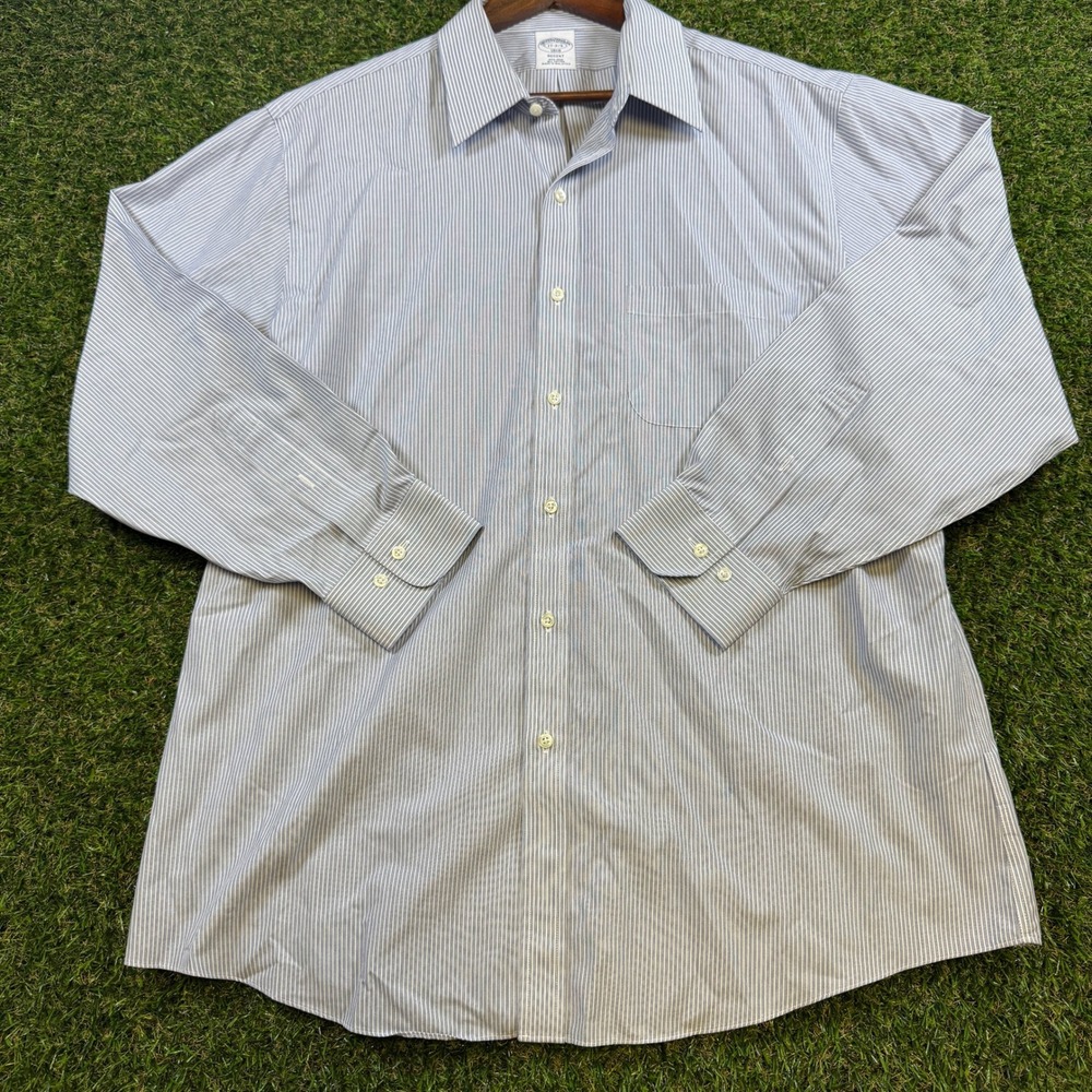 Brooks Brothers 1818 Regent Dress Shirt Mens 17 2/3 Blue White Stripe Non-Iron